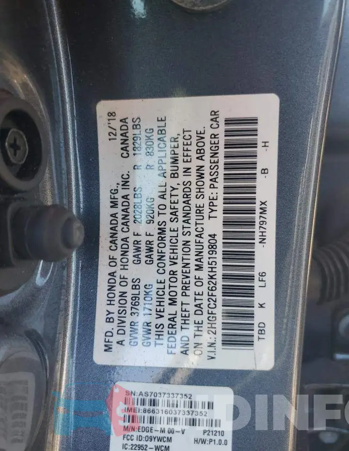 2HGFC2F62KH519804 Photo# 12