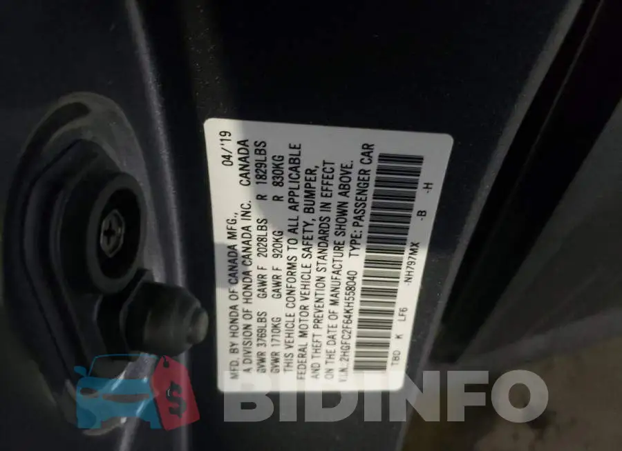 2HGFC2F64KH558040 Photo# 12