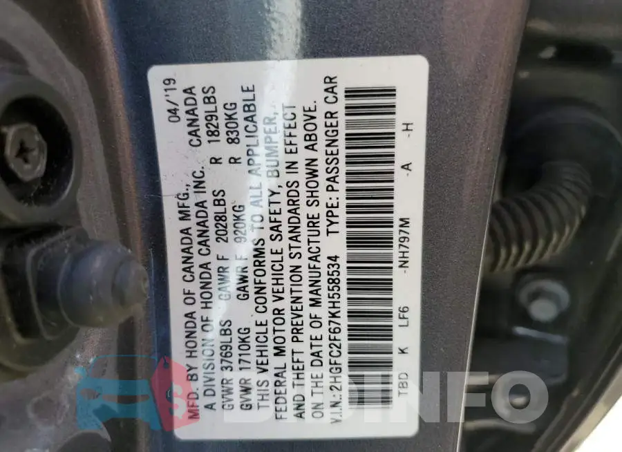 2HGFC2F67KH558534 Photo# 12
