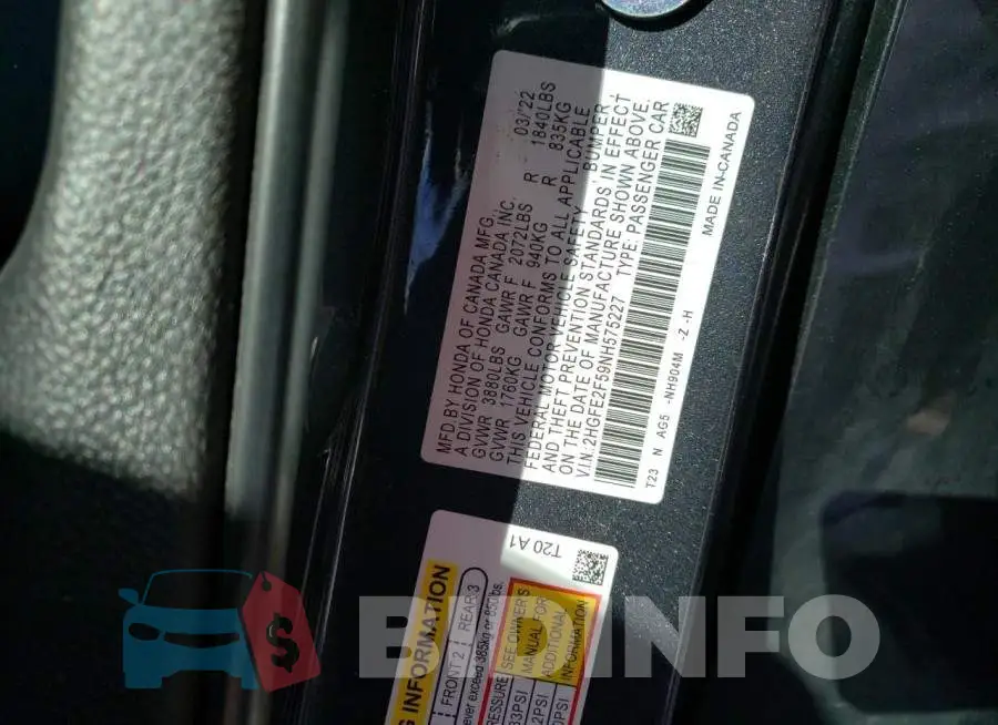 2HGFE2F59NH575227 Photo# 12