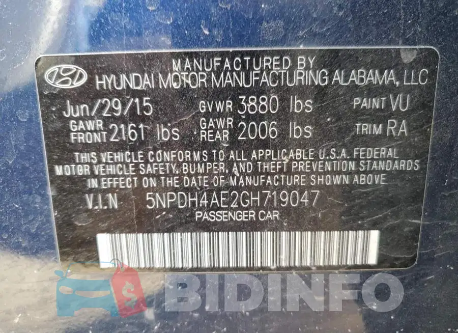 5NPDH4AE2GH719047 Photo# 12