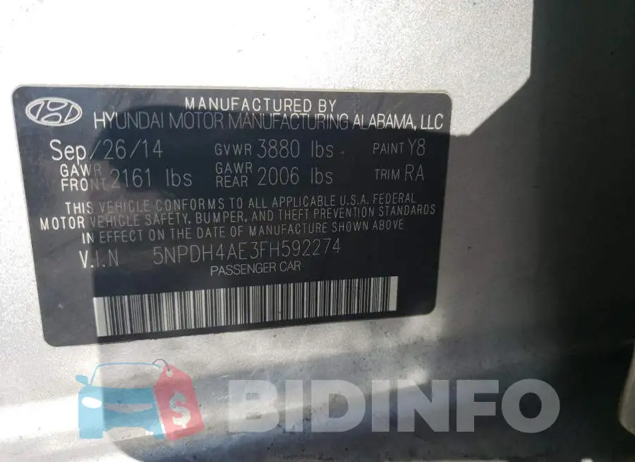 5NPDH4AE3FH592274 Photo# 12
