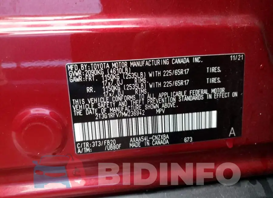 2T3G1RFV7MW236942 Photo# 13