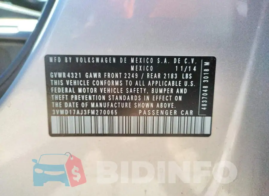 3VWD17AJ3FM270065 Photo# 12