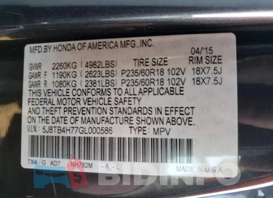 5J8TB4H77GL000586 Photo# 12