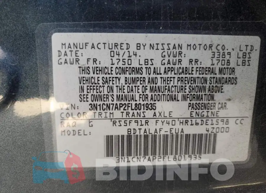 3N1CN7AP2FL801935 Photo# 12