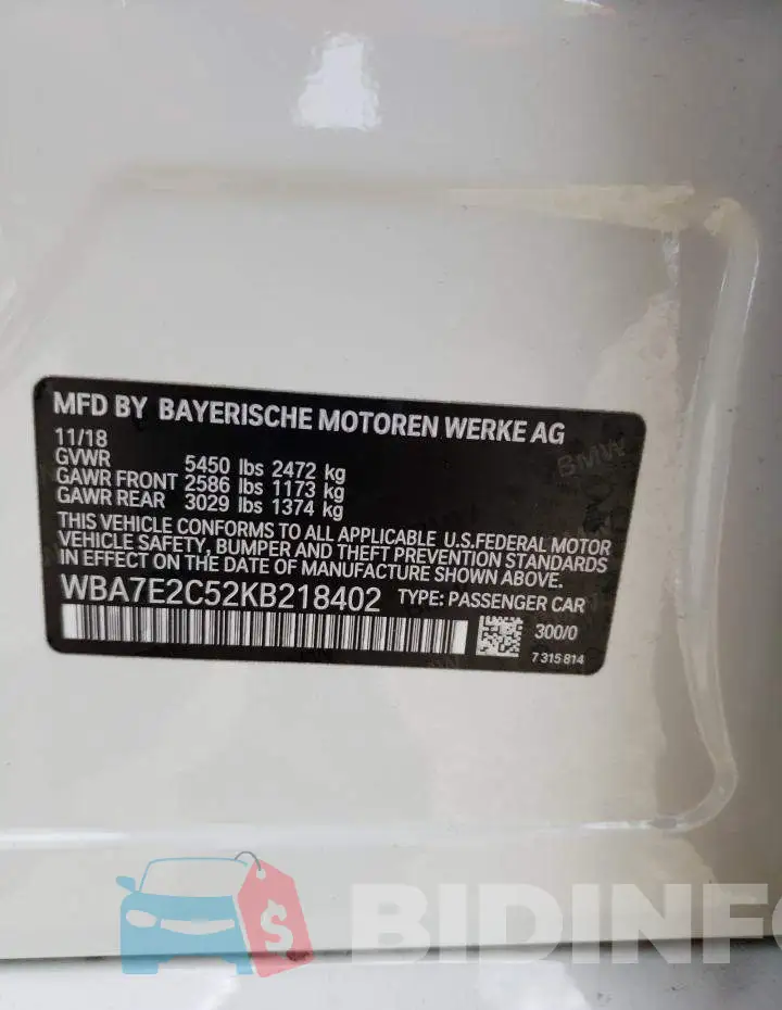 WBA7E2C52KB218402 Photo# 12