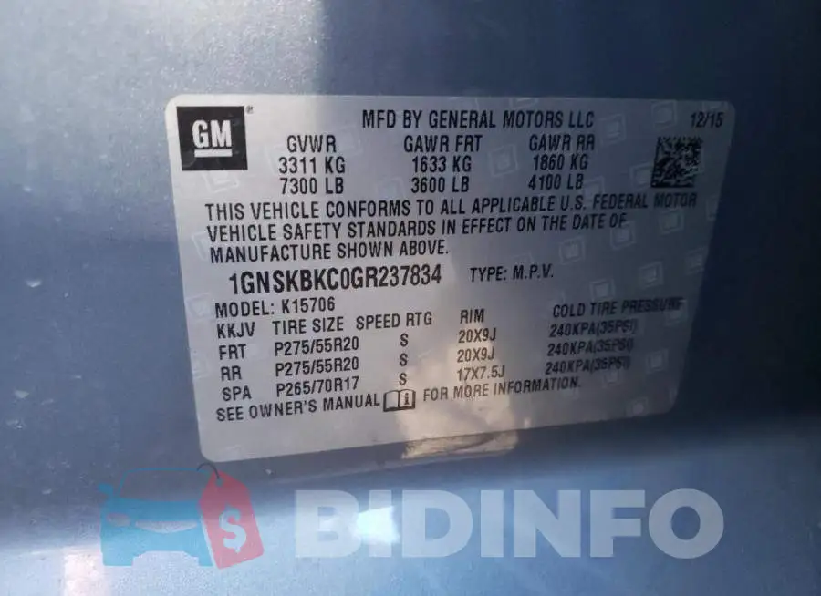 1GNSKBKC0GR237834 Photo# 13