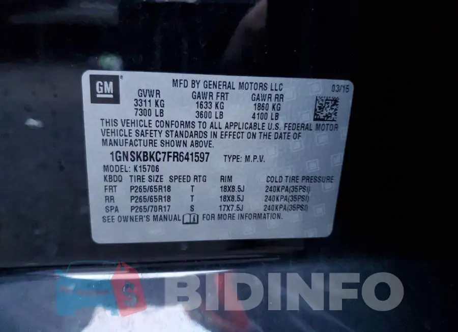 1GNSKBKC7FR641597 Photo# 12