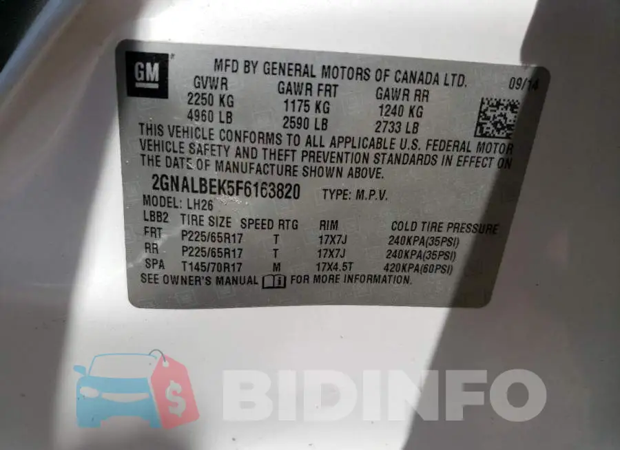 2GNALBEK5F6163820 Photo# 12