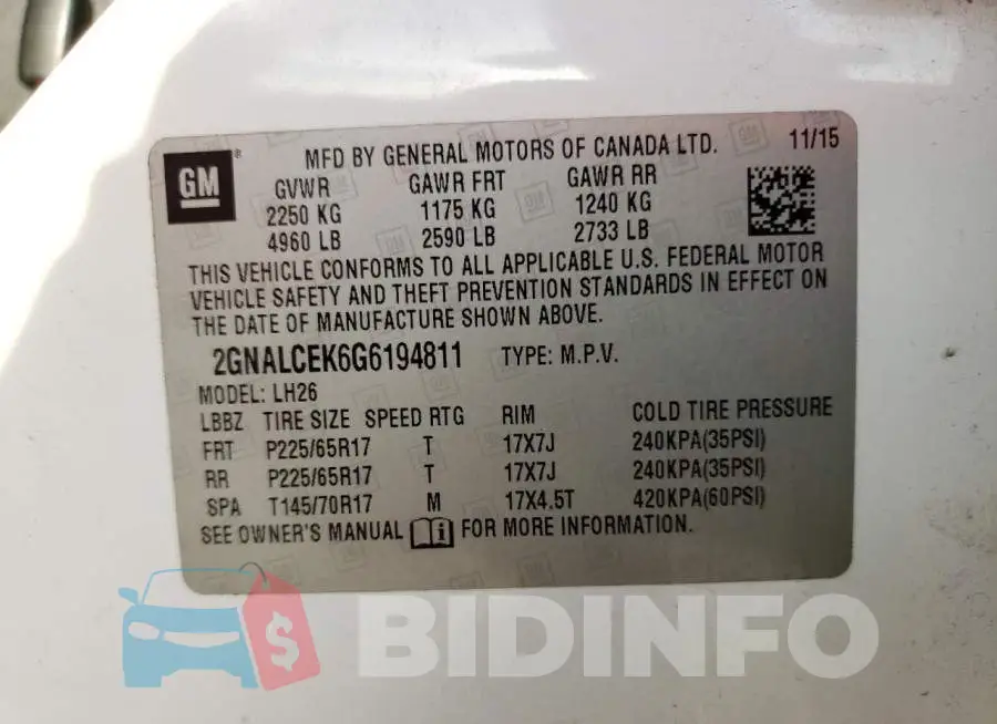 2GNALCEK6G6194811 Photo# 13
