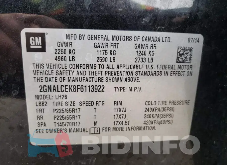 2GNALCEK8F6113922 Photo# 13