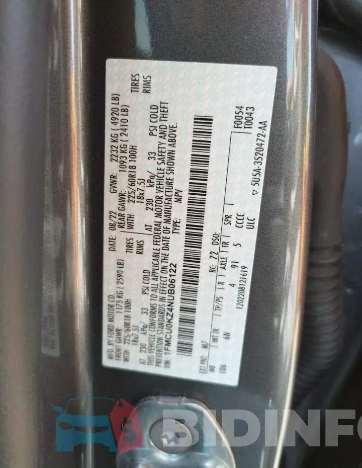 1FMCU0KZ4NUB06122 Photo# 13