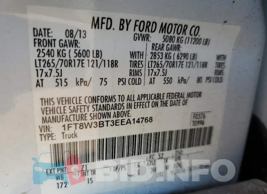 1FT8W3BT3EEA14768 Photo# 12