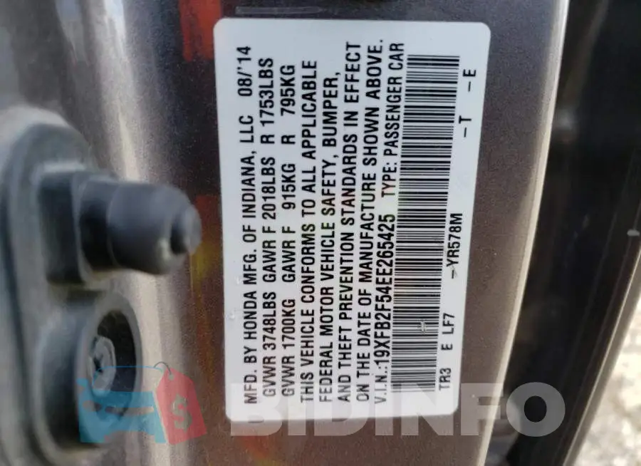 19XFB2F54EE265425 Photo# 12
