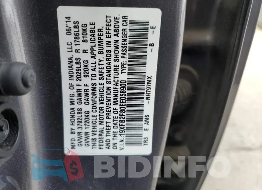 19XFB2F80EE058900 Photo# 13