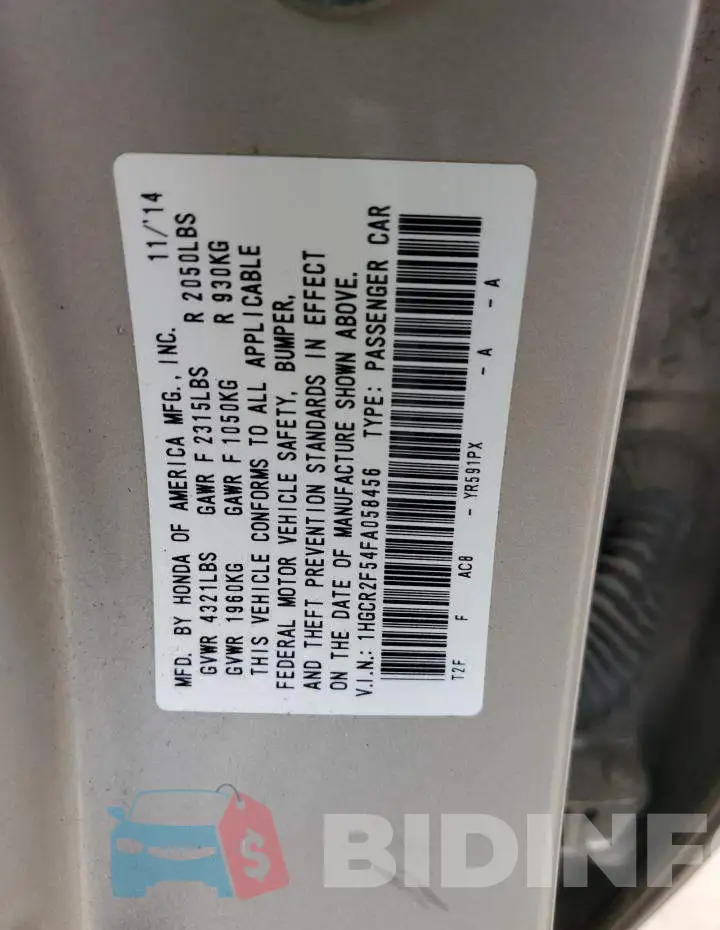1HGCR2F54FA058456 Photo# 12