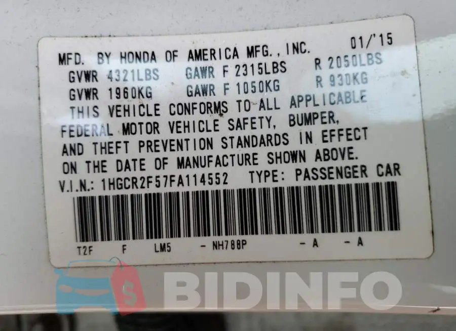 1HGCR2F57FA114552 Photo# 12