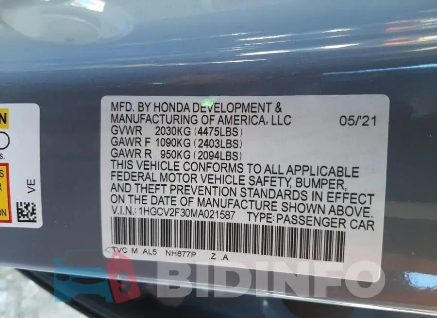 1HGCV2F30MA021587 Photo# 12