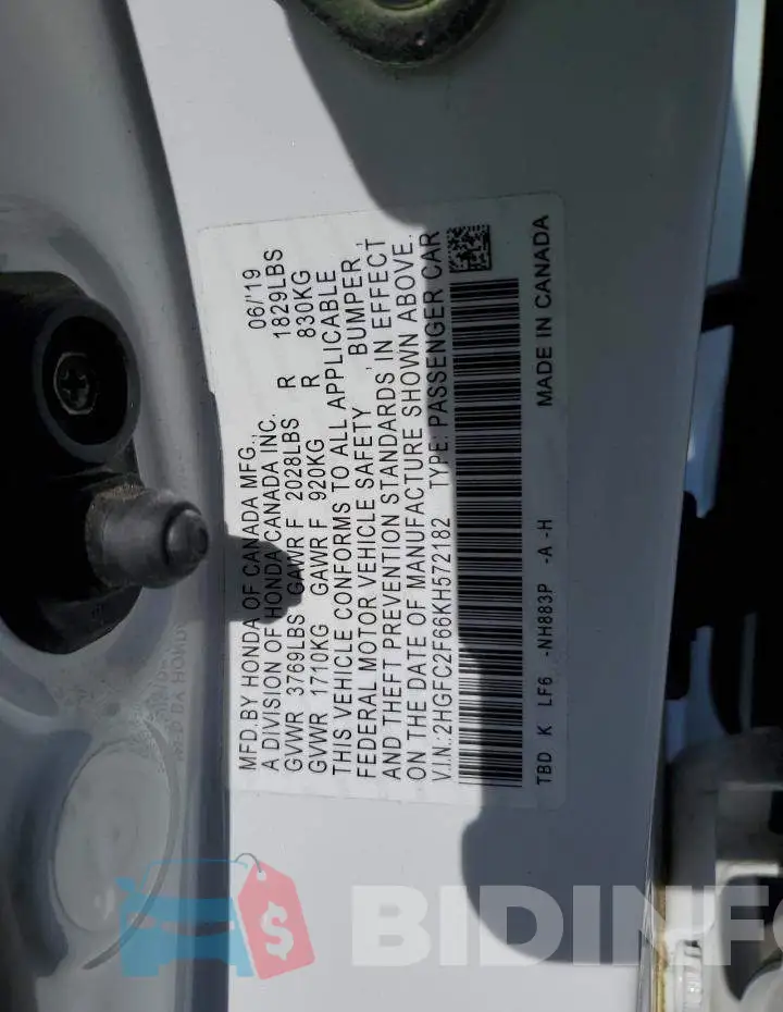2HGFC2F66KH572182 Photo# 12