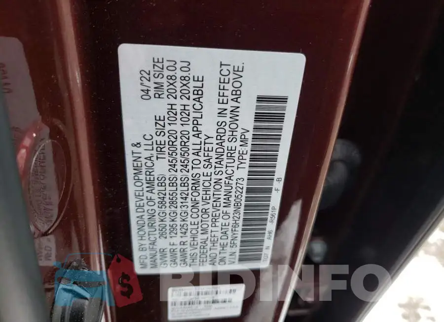 5FNYF6H23NB052273 Photo# 13
