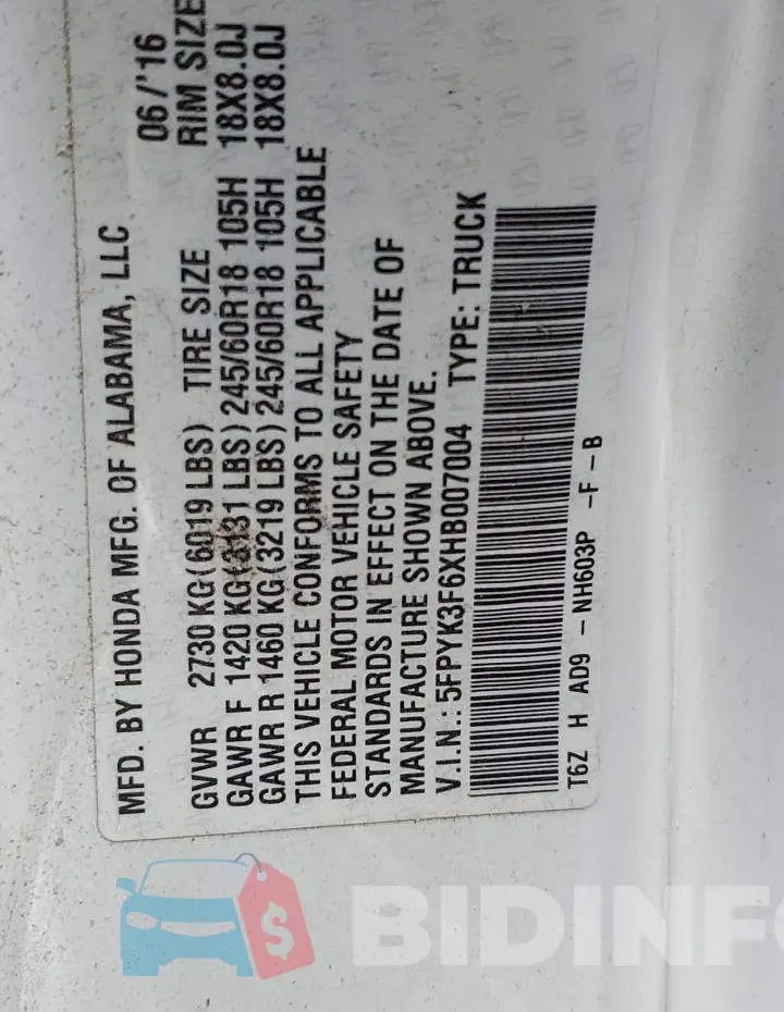 5FPYK3F6XHB007004 Photo# 13