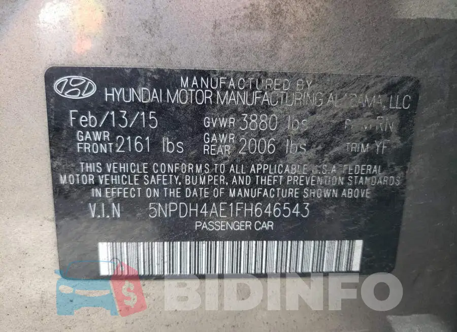 5NPDH4AE1FH646543 Photo# 12