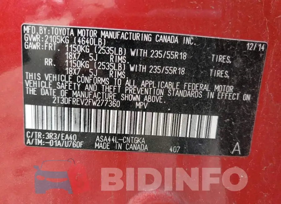2T3DFREV2FW277360 Photo# 14