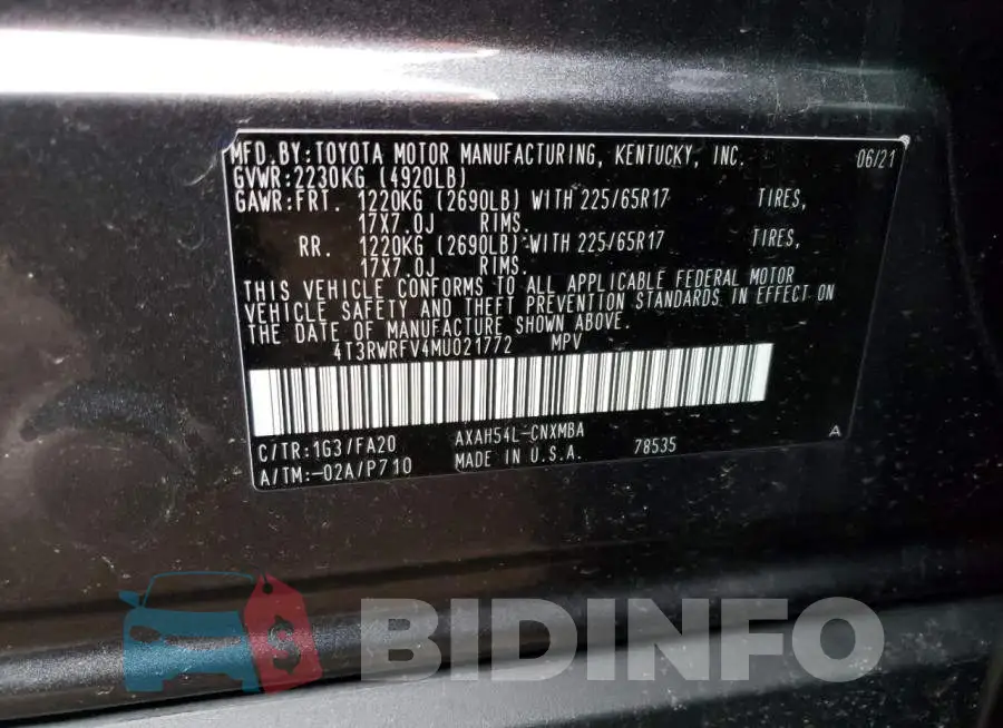 4T3RWRFV4MU021772 Photo# 12