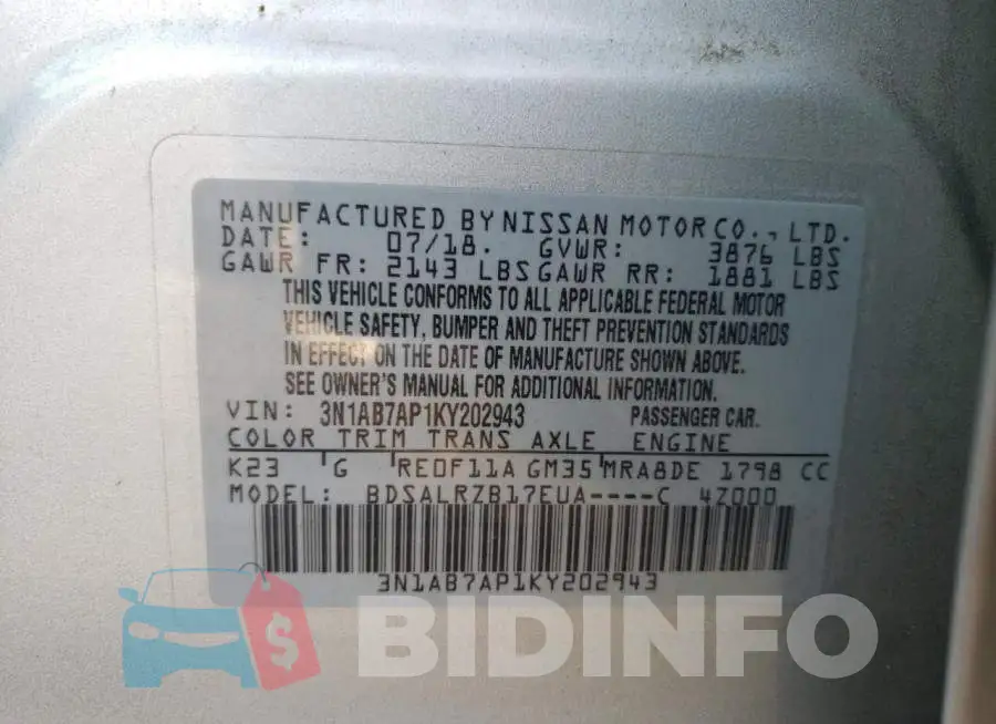3N1AB7AP1KY202943 Photo# 12