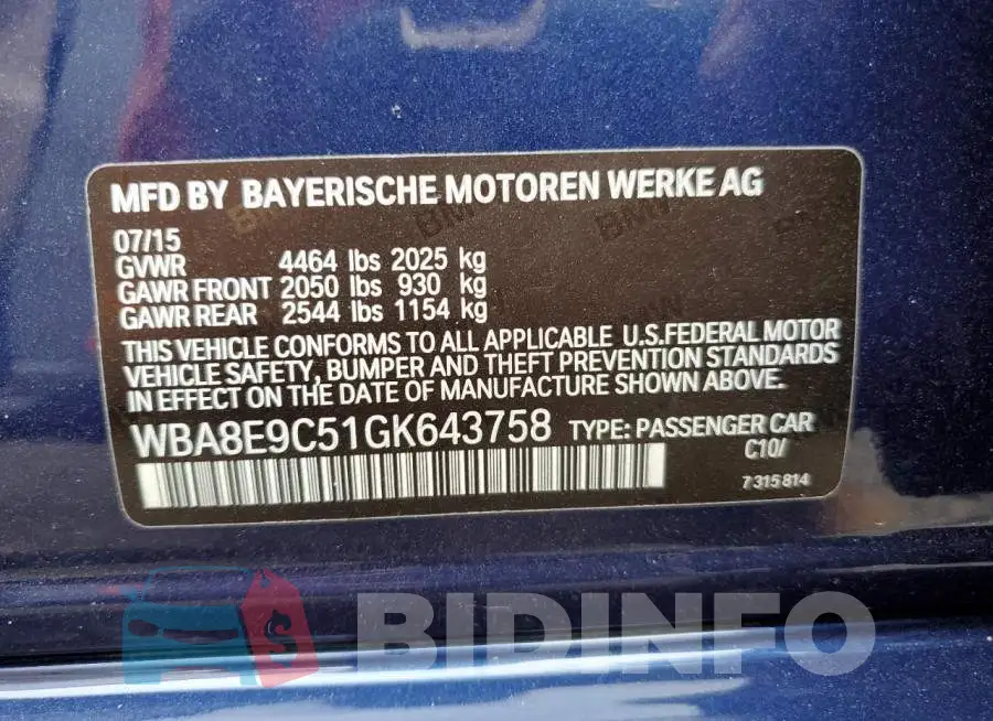 WBA8E9C51GK643758 Photo# 13