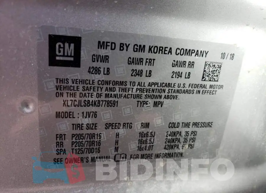 KL7CJLSB4KB778591 Photo# 13