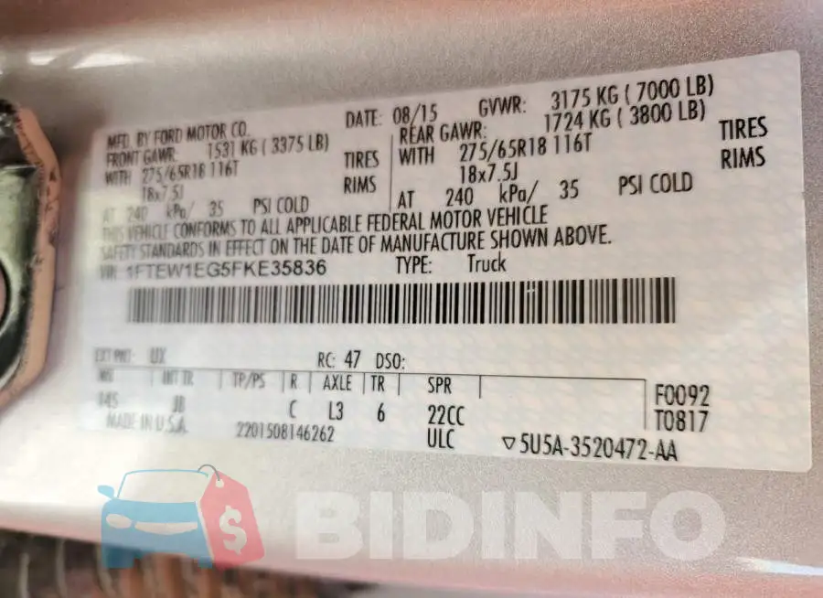 1FTEW1EG5FKE35836 Photo# 10