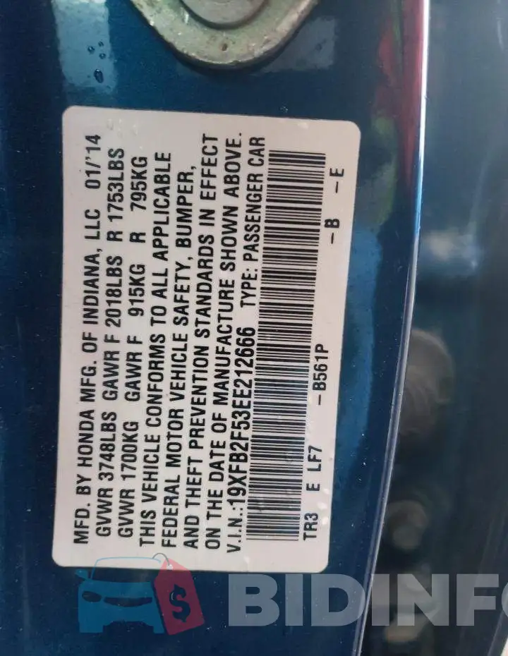 19XFB2F53EE212666 Photo# 13
