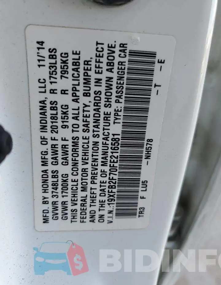 19XFB2F70FE216581 Photo# 13