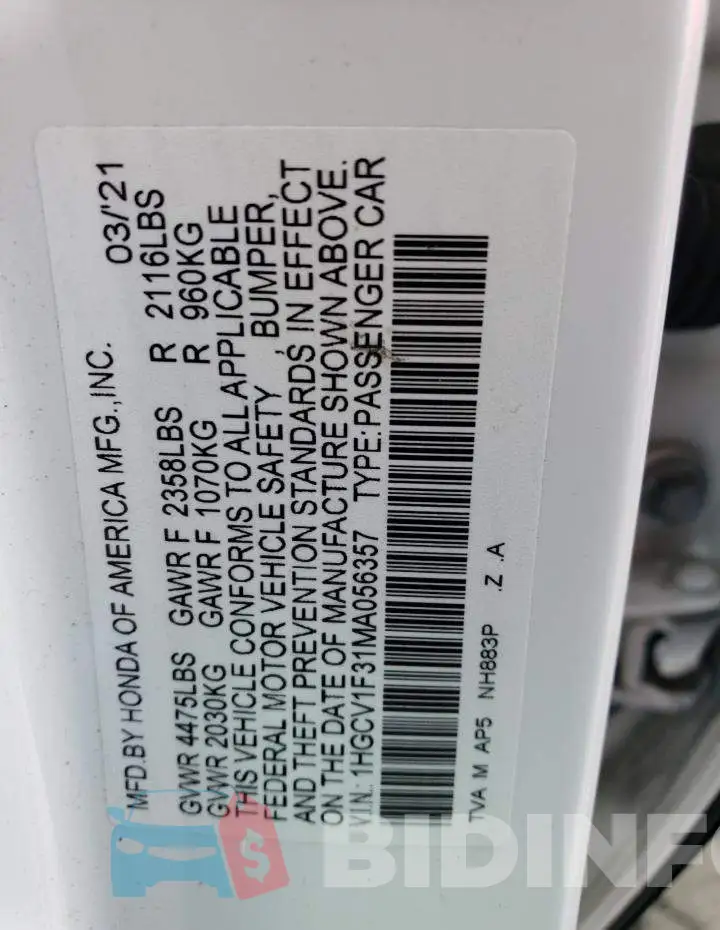 1HGCV1F31MA056357 Photo# 12
