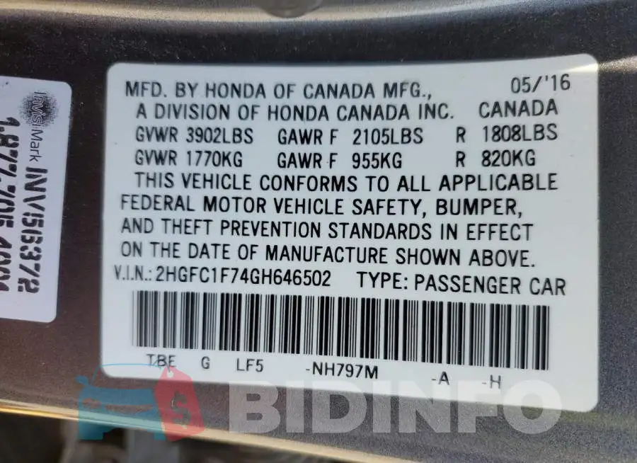 2HGFC1F74GH646502 Photo# 13