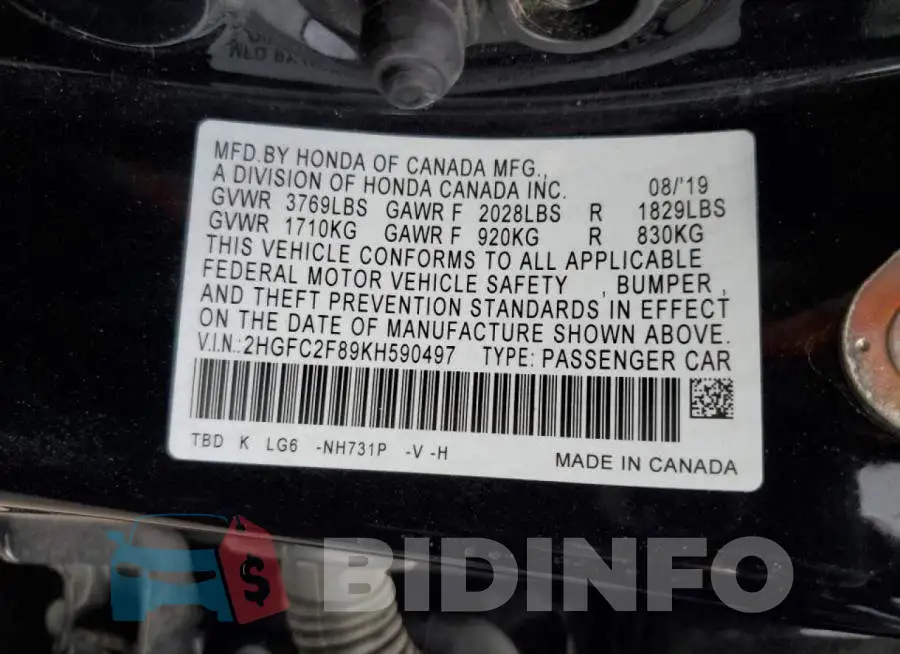 2HGFC2F89KH590497 Photo# 12
