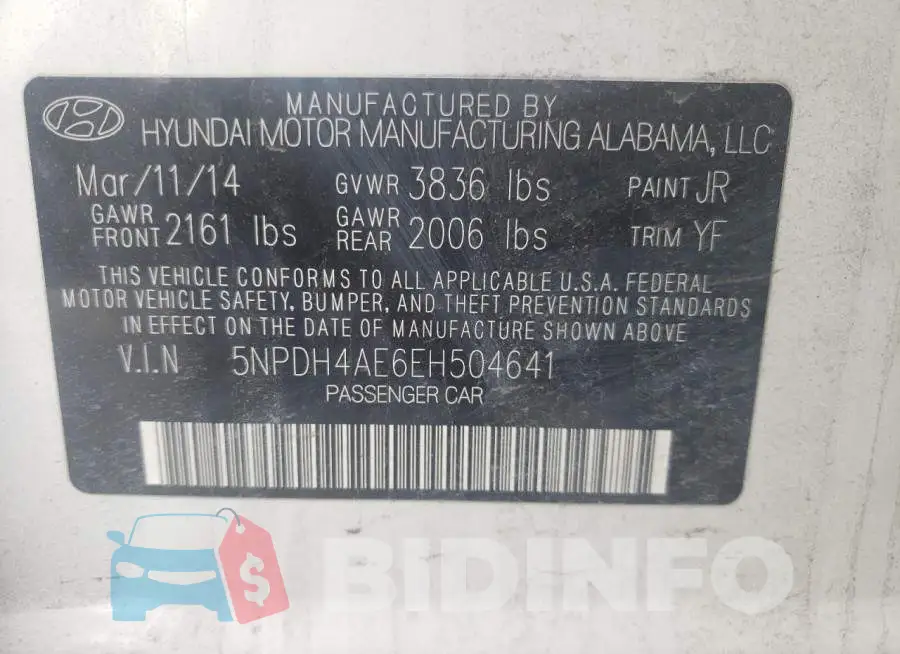 5NPDH4AE6EH504641 Photo# 12