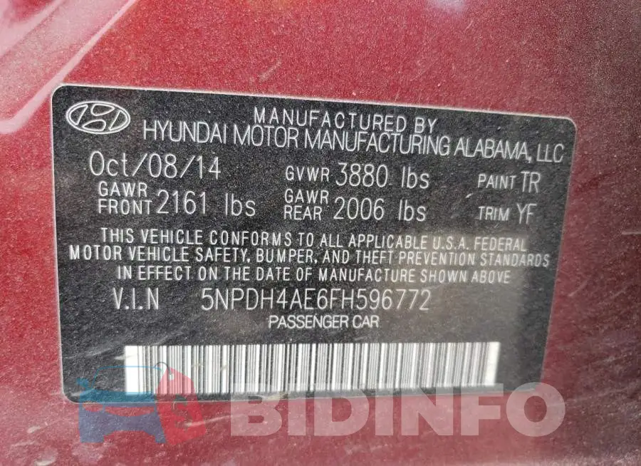 5NPDH4AE6FH596772 Photo# 12