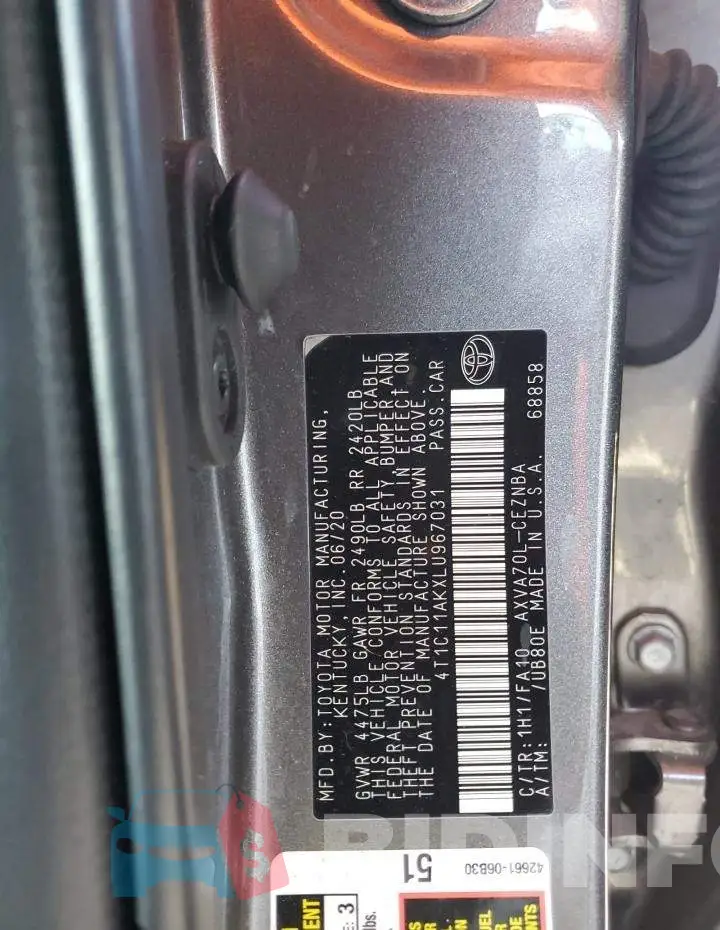 4T1C11AKXLU967031 Photo# 12