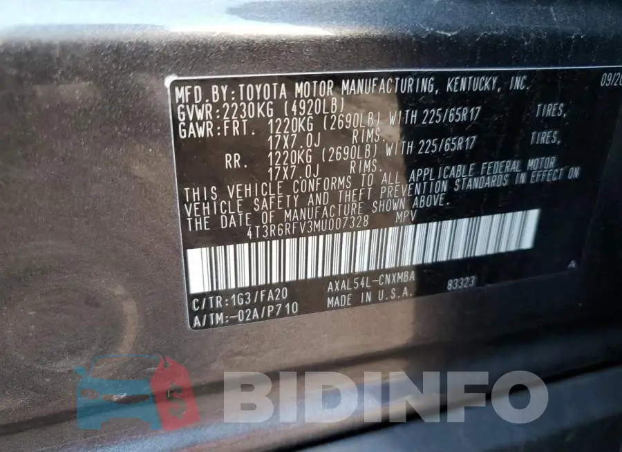 4T3R6RFV3MU007328 Photo# 14