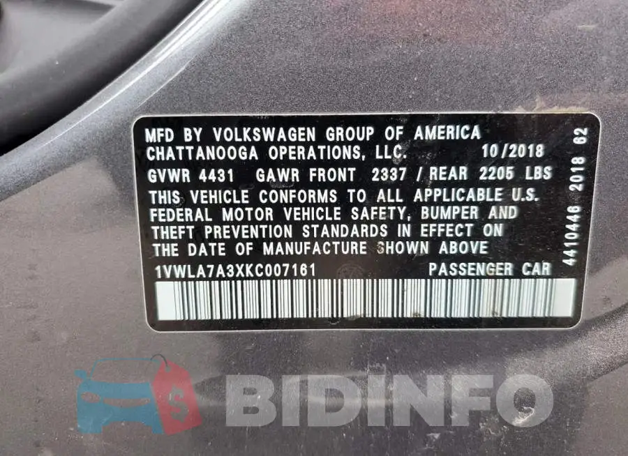 1VWLA7A3XKC007161 Photo# 12