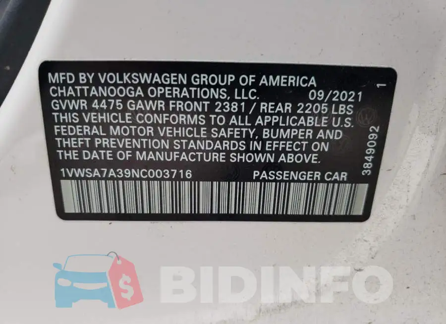 1VWSA7A39NC003716 Photo# 12