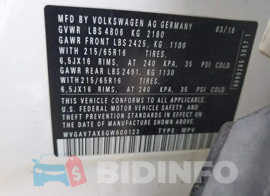 WVGAV7AX5GW600123 Photo# 13