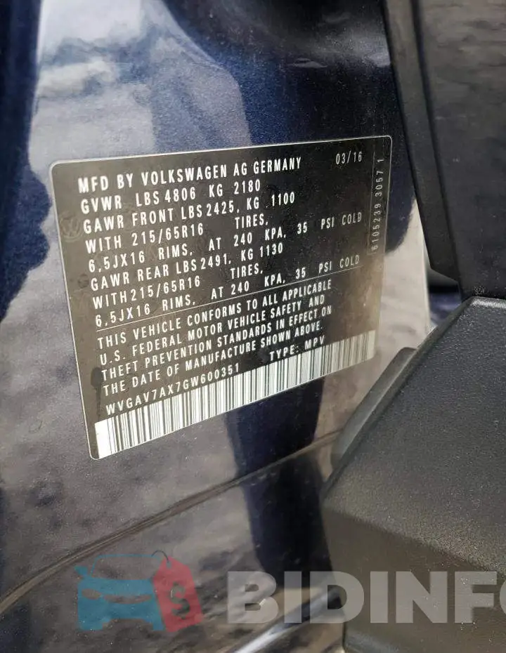 WVGAV7AX7GW600351 Photo# 13