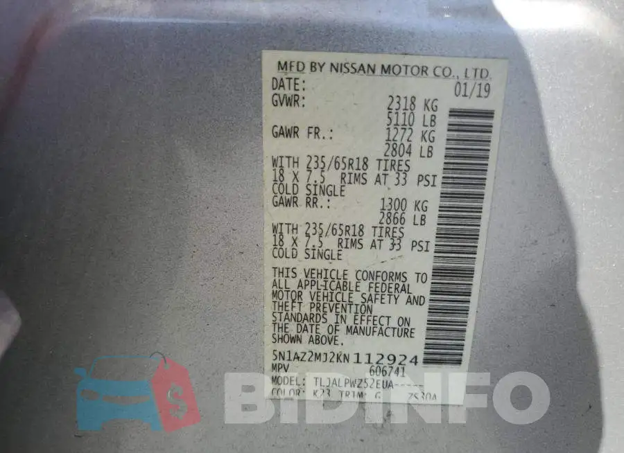 5N1AZ2MJ2KN112924 Photo# 12