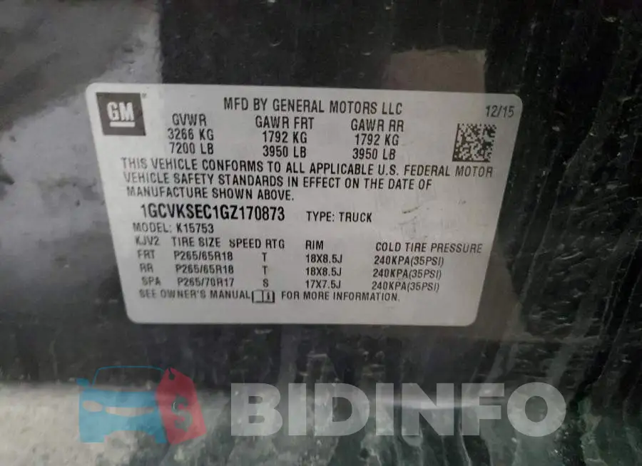 1GCVKSEC1GZ170873 Photo# 12