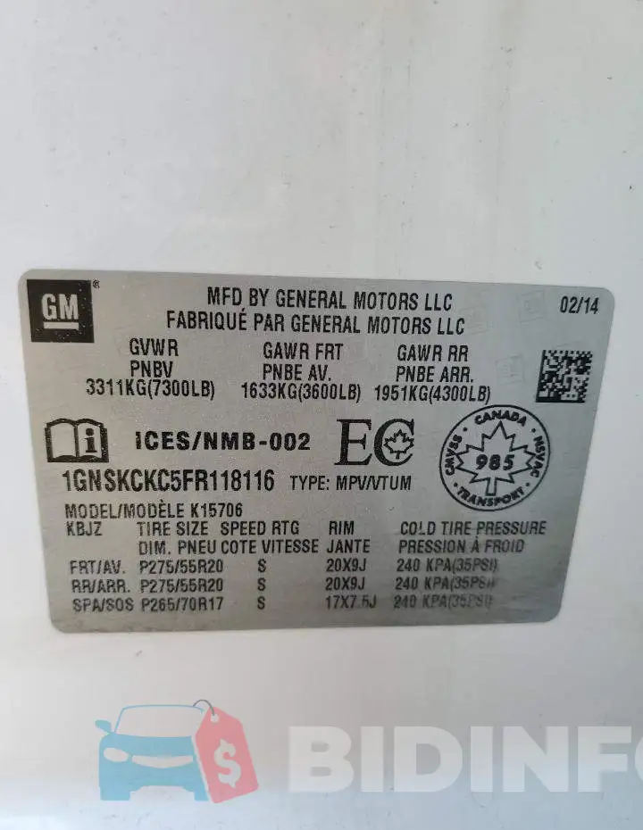 1GNSKCKC5FR118116 Photo# 13