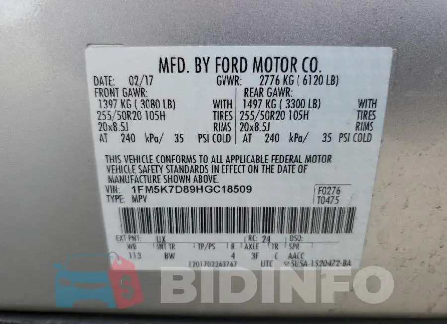 1FM5K7D89HGC18509 Photo# 13